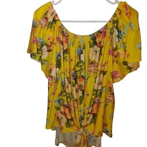 Haptics Floral Yellow Flowy Women's Top With Tie In Front, Size 3x